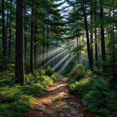 Obraz premium Sunbeams illuminating forest trail