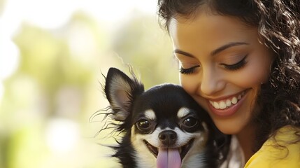 Happy Woman Hugging Adorable Chihuahua Dog Outdoors