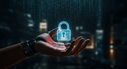 Robotic Arm Protecting Data with Digital Padlock in Cyberpunk Setting