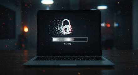 Digital Security Update: Laptop Displaying Encrypted Padlock Icon with Loading Bar Process