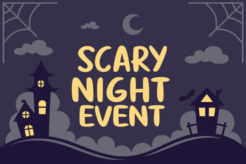 Scary night event text with spooky houses halloween