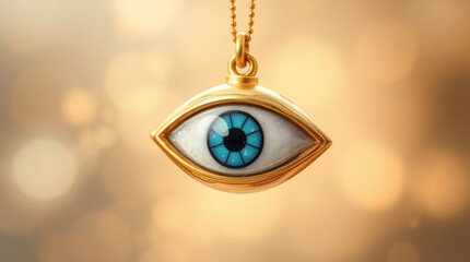 Evil eye protection charm, gold necklace, blue nazar amulet bokeh background