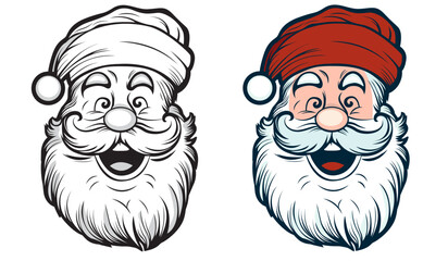 Smiling Santa Claus cartoon portrait. Happy Santa Claus head logo in line art style. Cute funny Santa Claus face outline thin line vector. Santa Claus face beard moustache. Stencil black and white
