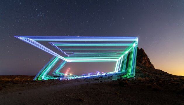 Drones create a luminous, geometric light sculpture against a twilight desert sky, with a mountain silhouette and distant lights.