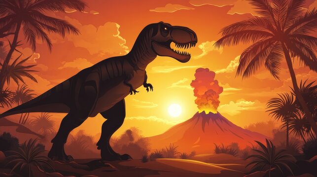 Tyrannosaurus rex silhouette at sunset over a volcano. - Powered by Adobe