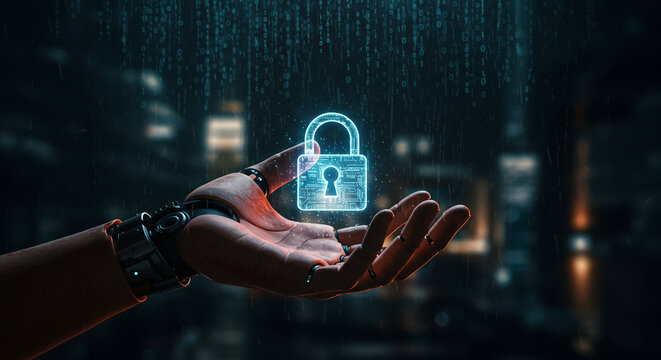 Robotic Arm Protecting Data with Digital Padlock in Cyberpunk Setting - Powered by Adobe