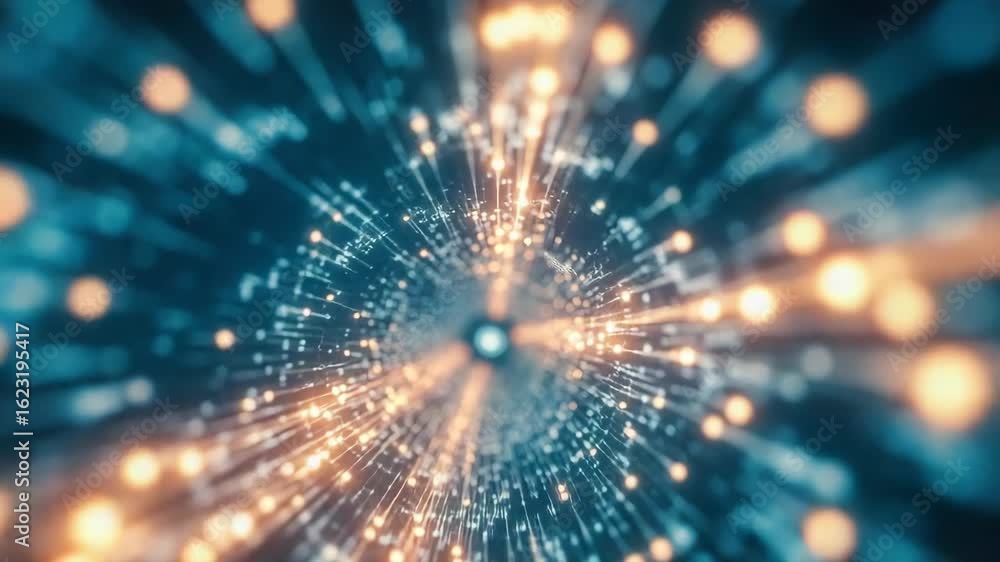 Poster a mesmerizing abstract representation of glowing particles and light trails radiating from a central
