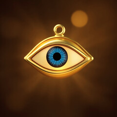 Evil eye protection charm, gold necklace, blue nazar amulet dark bokeh background