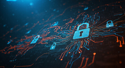 Digital Security Concept with Padlocks and Glowing Circuits on Dark Background
