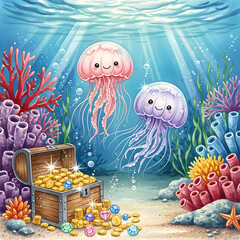 Cute underwater cartoon scene with smiling jellyfish, treasure chest of gold and gems, and colorful coral reef