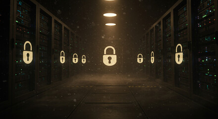 Data Center Security Concept with Row of Servers and Glowing Padlocks