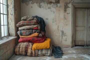 A pile of old blankets and clothes in an abandoned room with peeling walls and a dusty floor 