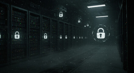 Secured data center with visual representations of data encryption and protection.