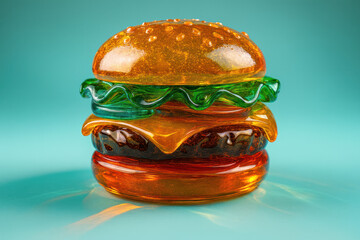 A hamburger made of colorful transparent glass on a turquoise background 