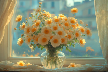 A bouquet of fresh daisies in a glass vase on a windowsill illuminated by soft sunlight. 