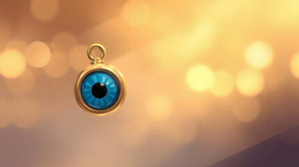 Evil eye protection charm, gold necklace, blue nazar amulet bokeh background