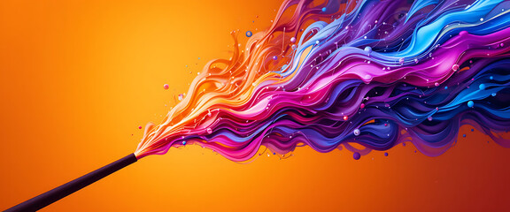 abstract geometric sapes photography, vibrant orange and deep purple blue motion blur effects coming out from a stick, movement and powerful energy, vivid yellow background that enhances the perceptio