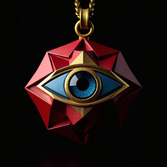 red Evil eye protection charm, gold necklace, blue nazar amulet dark background