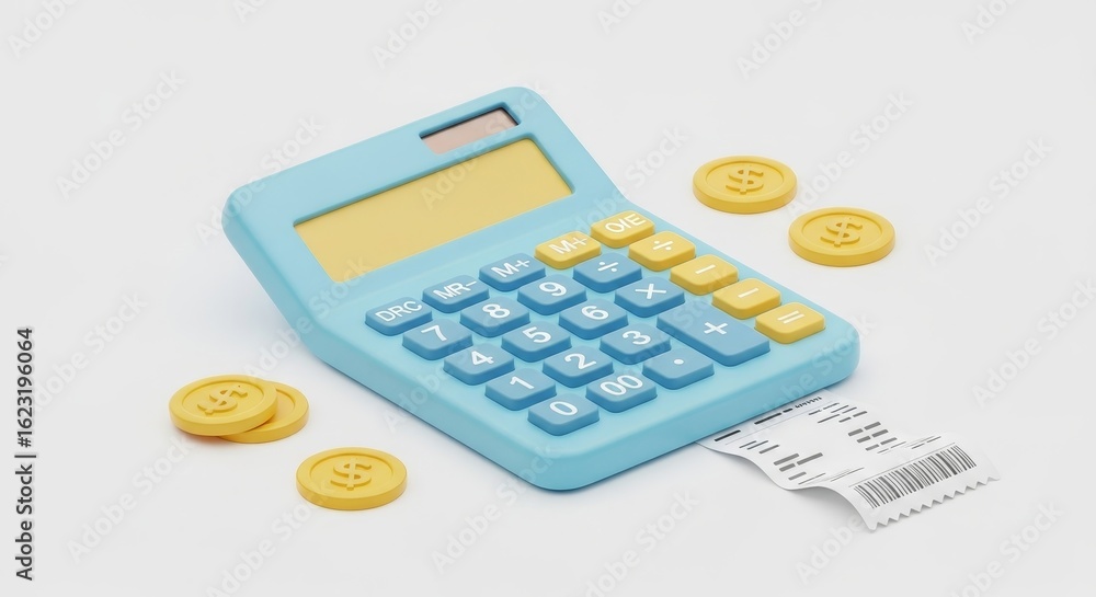 Poster calculating finances and bills - a light blue calculator with yellow buttons sits next to several go