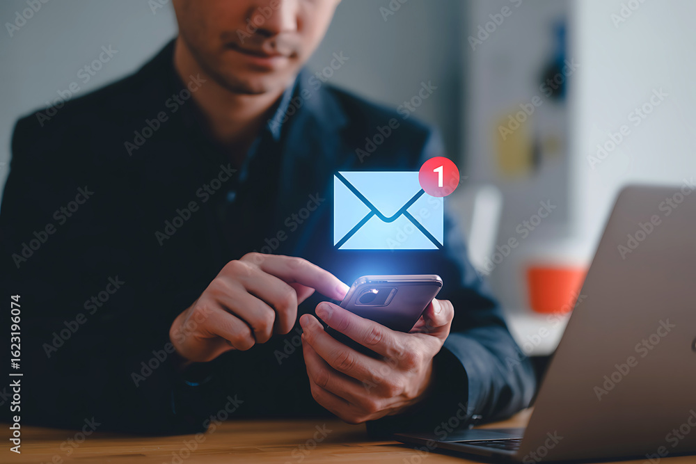 Aufkleber man checking email on smartphone with digital envelope notification