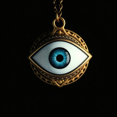 Evil eye protection charm, gold necklace, blue nazar amulet dark background