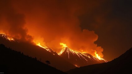 Intense Mountain Wildfire with Flames Engulfing Slopes and Smoke Billowing into the Night Sky