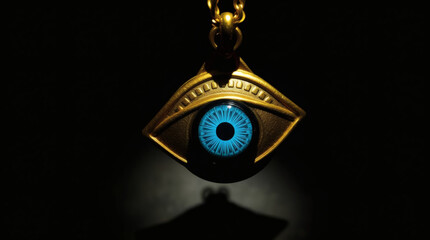 Evil eye protection charm, gold necklace, blue nazar amulet dark background