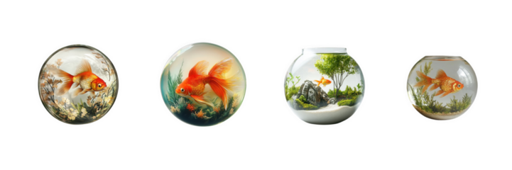 A set of ornamental fly fish swimming in a small round aquarium – isolated on a transparent background