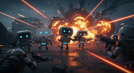 Futuristic Robot Warriors Engage in Intense Battle Amidst Explosions and Laser Fire