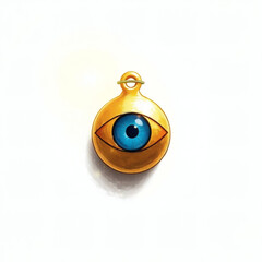 Evil eye protection charm, gold necklace, blue nazar amulet white isolated background