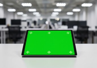 静かなオフィス、緑画面輝くタブレット