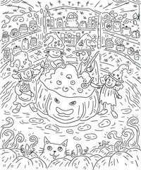 Hand drawn witches cooking pumpkin soup for happy Halloween doodles sketch background illustration 