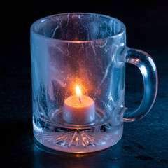 Candlelight Glow: A Cozy Scene with a Burning Candle in a Glass Mug