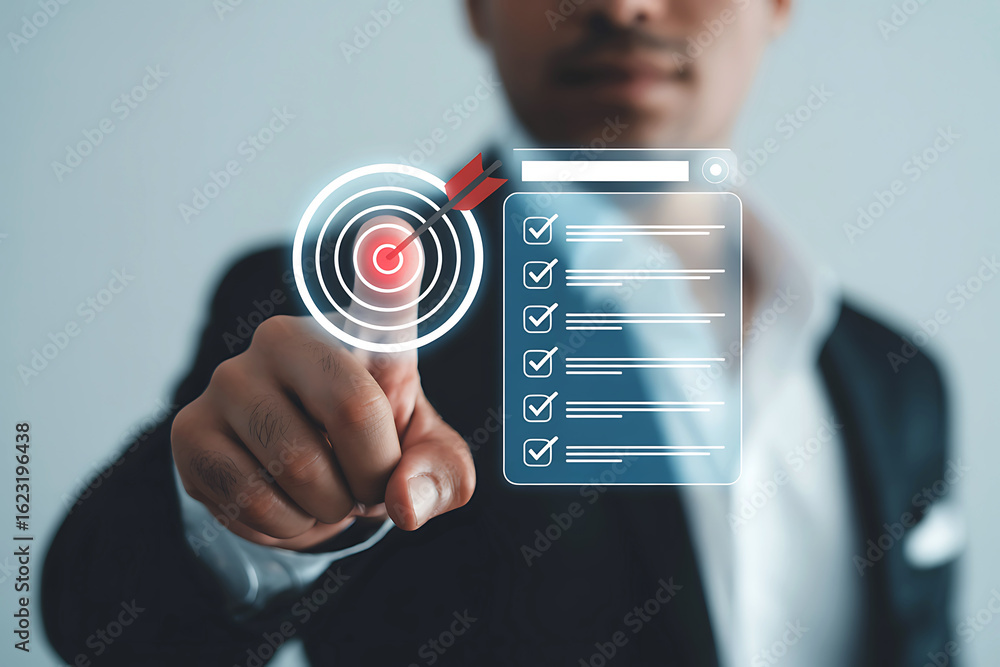 Poster businessman interacting with a digital checklist and target icon on a futuristic interface