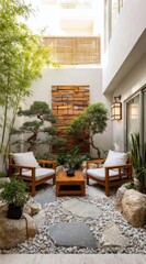 Tranquil courtyard with wooden seating and plants