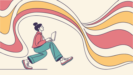 Illustration of woman running with laptop and colorful waves for digital nomad lifestyle design