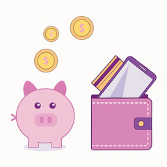 Pink piggy bank with a calculator and coins, symbolizing money savings and financial investment