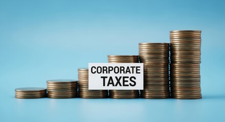 Corporate Tax Growth - Stacks of coins ascending represent corporate tax revenue increase. A card displays "CORPORATE TAXES"