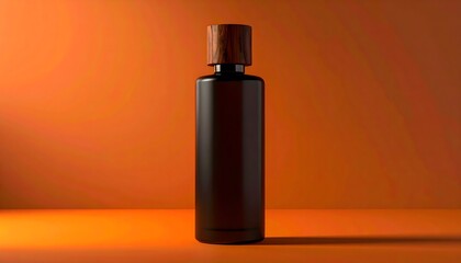 Naklejka premium Dark Glass Bottle with Wooden Cap, Isolated on Orange Background