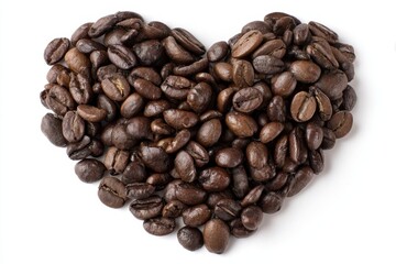 Obraz premium Heart-Shaped Roasted Coffee Beans on White Canvas: Aroma of Morning Bliss