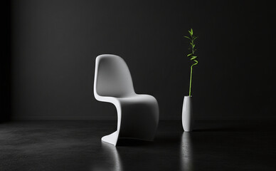 Chaise blanche iconique et bambou spiralé dans un vase blanc, sur fond noir dramatique