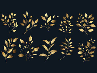 Elegant golden leaves and branches on dark background seamless pattern design