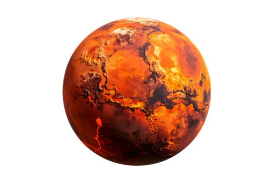 Red planet with vast canyons and craters against black void mars space, Isolated, Transparent Png