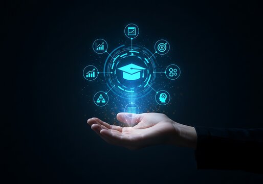 Digital education platform concept for online learning and skills training. A glowing interface with a graduation cap icon held in a hand.