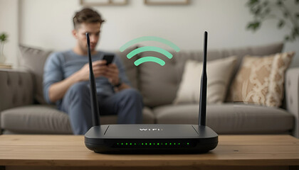  Connected Home: Modern WiFi Router with Man Using Smartphone on Sofa, Ideal for Internet, Technology, and Lifestyle Concepts