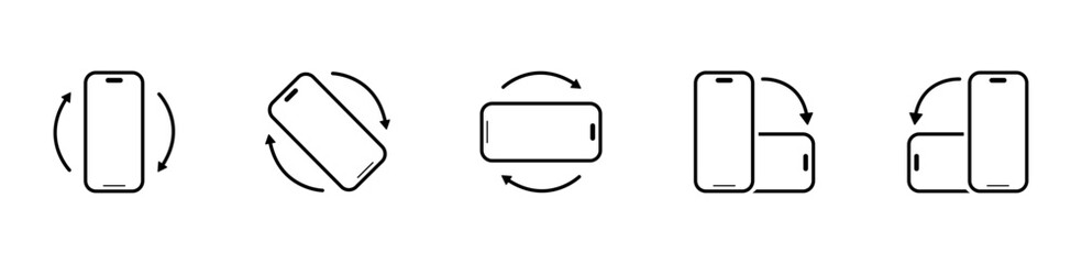Vector illustration of smartphone rotation icons set on transparent background, mobile orientation change symbols, device landscape and portrait mode, phone screen rotate arrows