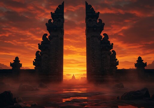 Mystical ancient temple gateway silhouetted against a dramatic orange and red sunset, with epic fog and a distant shrine. - Powered by Adobe