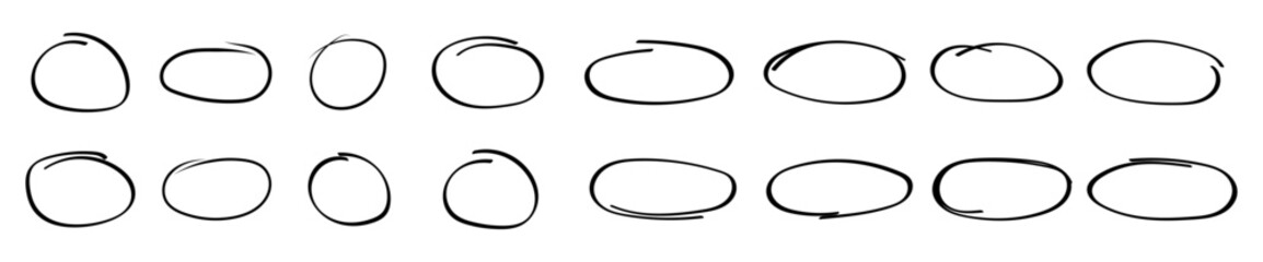 Hand drawn oval circle doodle set, sketch vector shapes, abstract highlight isolated elements for note, emphasis, underline, infographic, web design, editable outline frames
