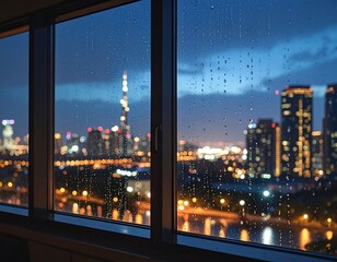 Rainy night city view from window