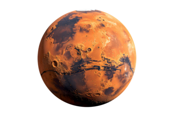 Red planet with vast canyons and craters against black void mars space, Isolated, Transparent Png